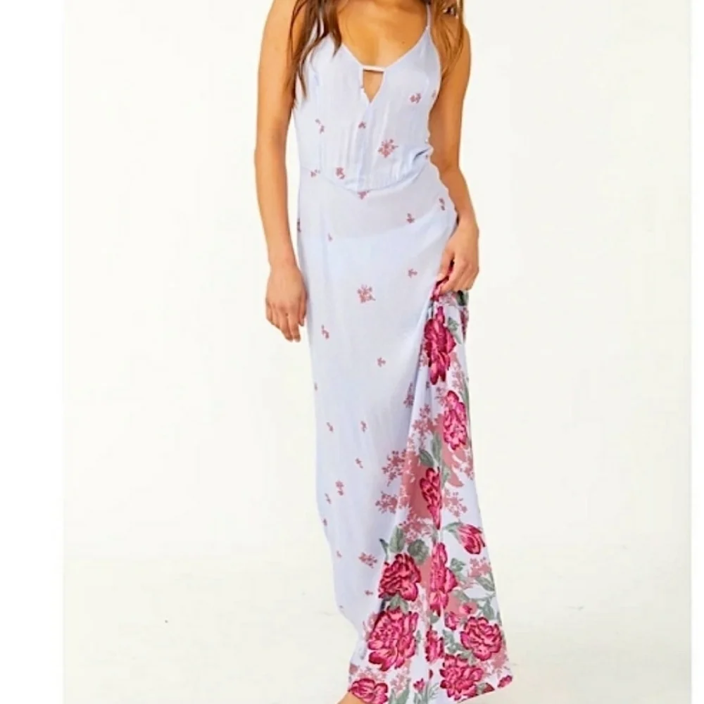 Free People Get to You Printed Maxi Dress Hydrangea Combo - Picture 2 of 7